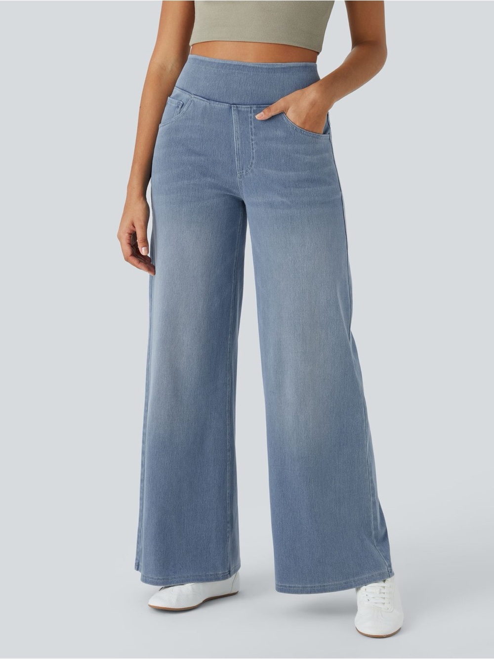 Halara High Waisted Wide-Leg “Viral” Sweatpant Jeans Size: L, Grey Blue Denim